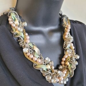 Ann Taylor Loft Ribbon Faux Pearl Bead  Rhinestone Statement Necklace 20-25"